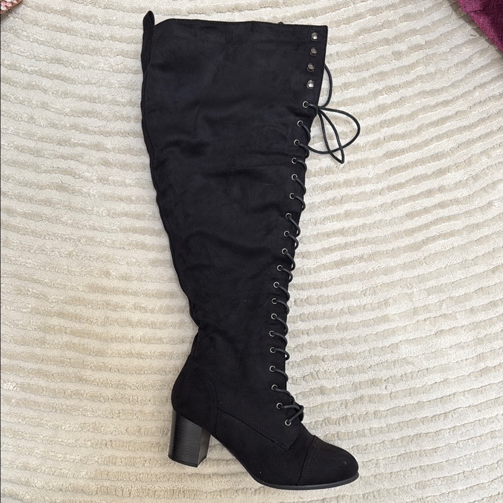 Black Lace-Up Faux Suede Knee-High Boots